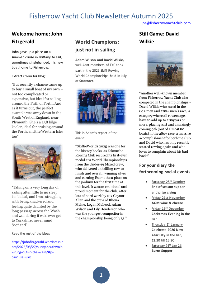 Fisherrow Yacht Club Autumn 2025 Newsletter